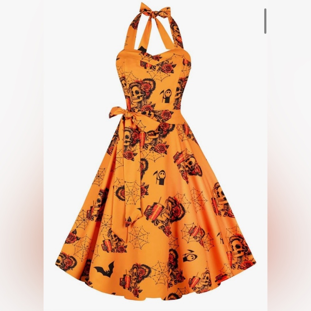 🖤🧡💃🏽🧡🖤Orange Halloween Goth Print PinUp Style Halter Dress